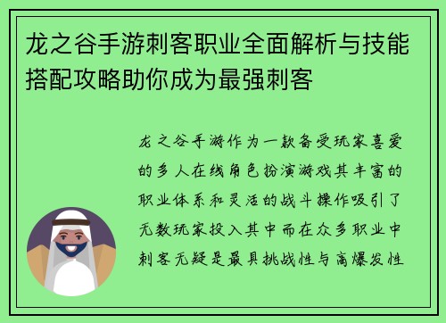 龙之谷手游刺客职业全面解析与技能搭配攻略助你成为最强刺客